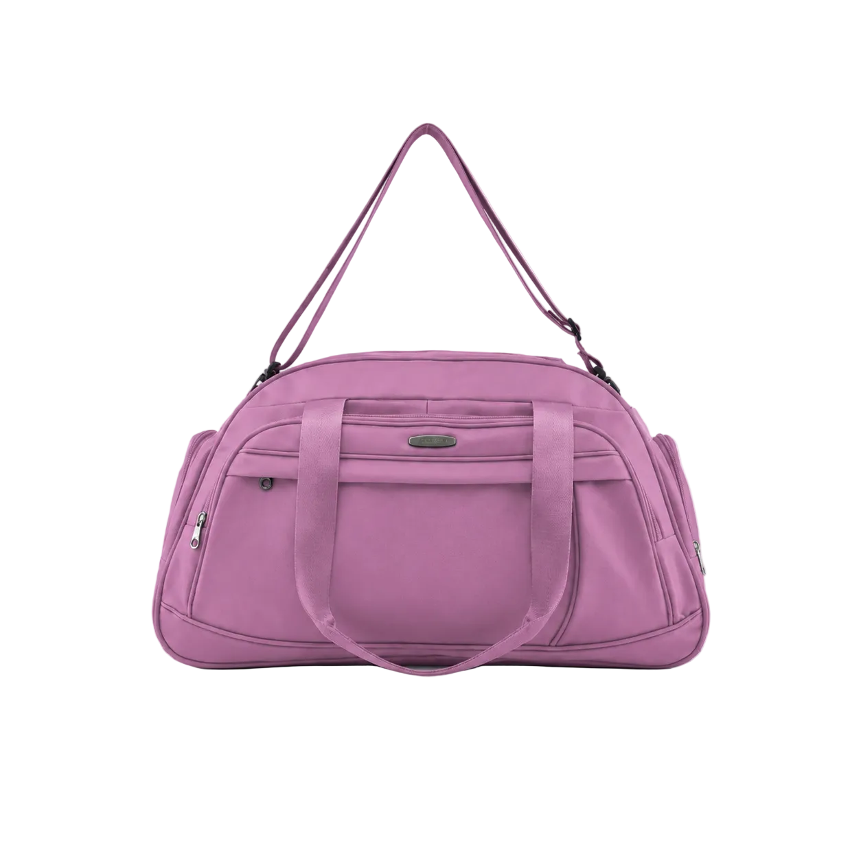 A dusty purple nylon duffel bag with dual top handles, a shoulder strap, and zippered side pockets, shown against a plain white background.