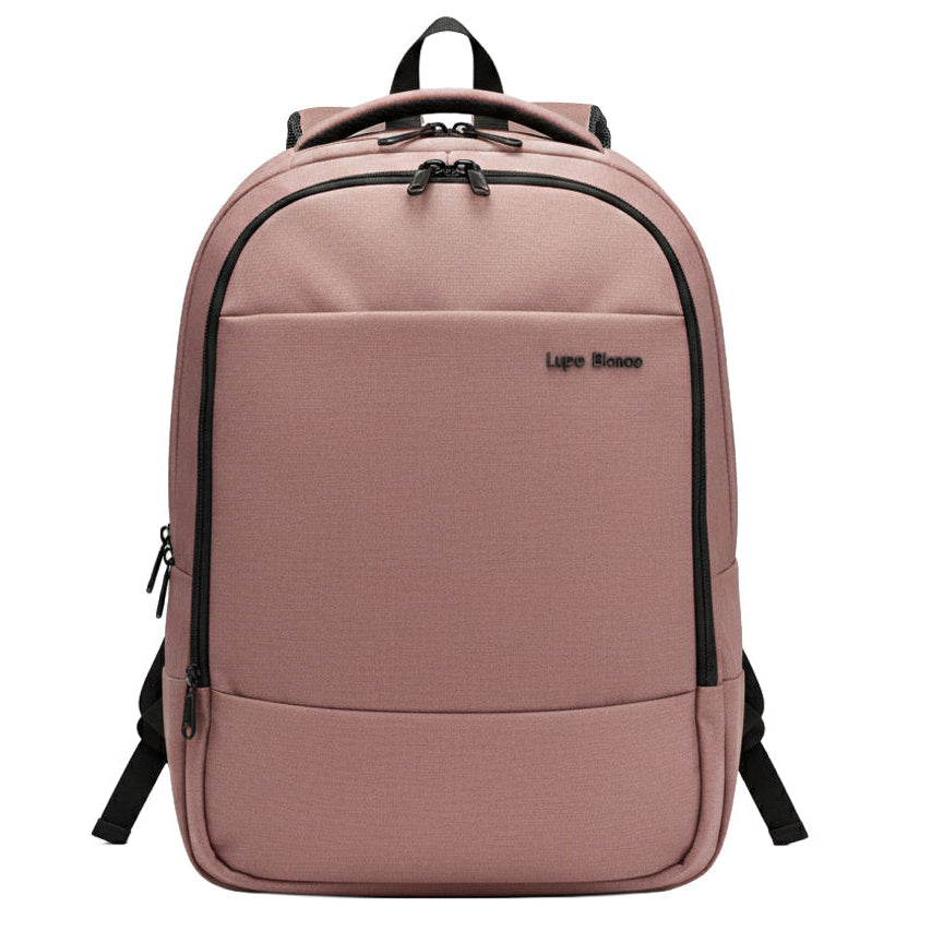 Pink backpack with black zippers on a white background
