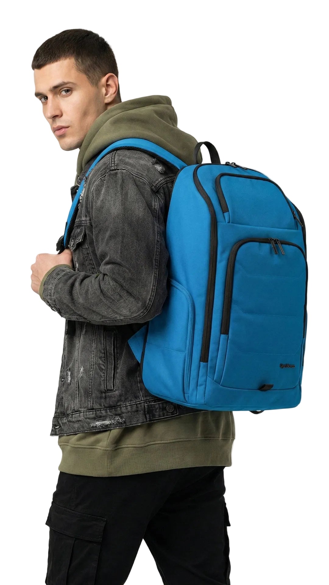 Man wearing a blue backpack on a white background