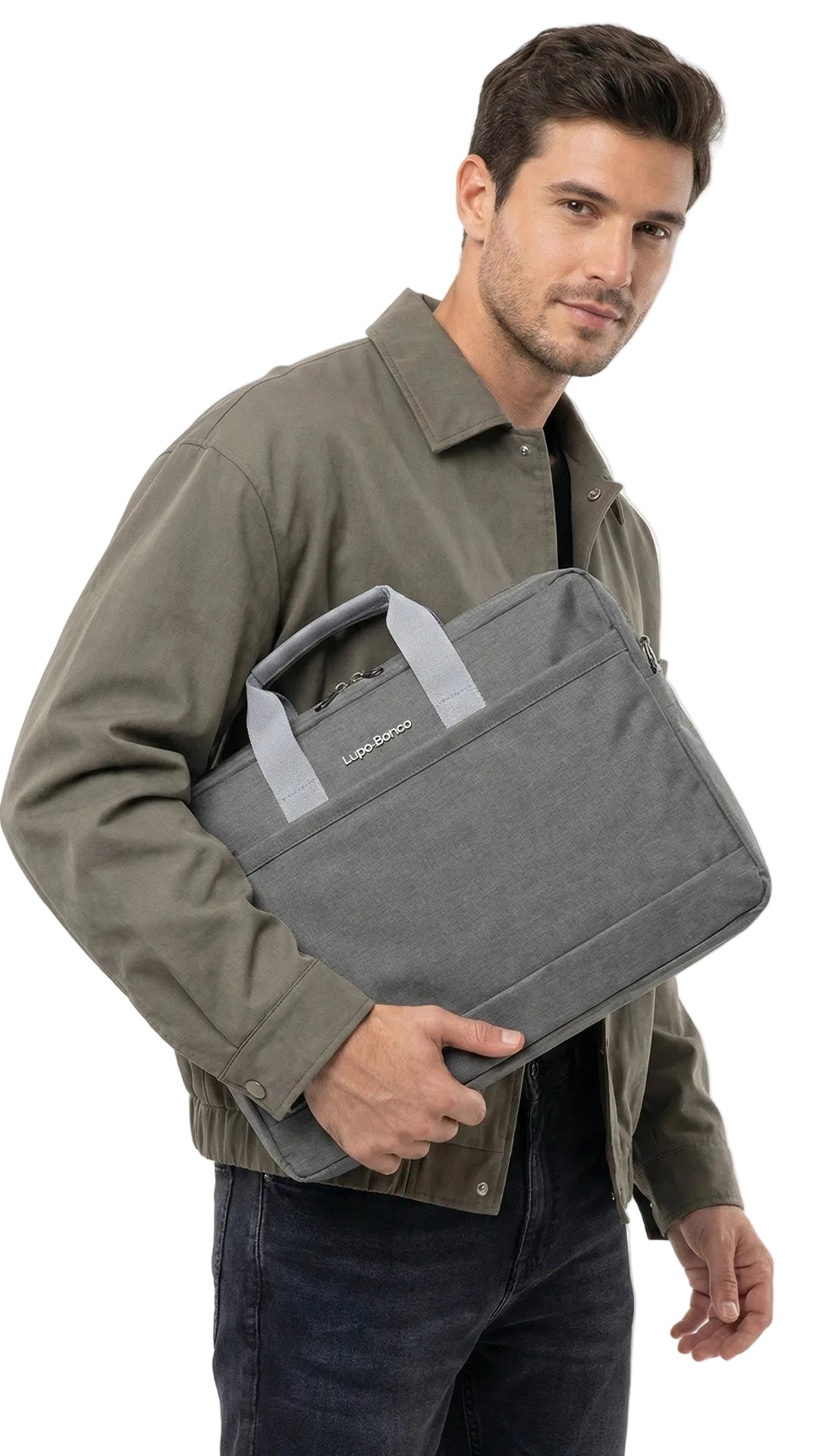 Man holding a gray laptop bag against a white background