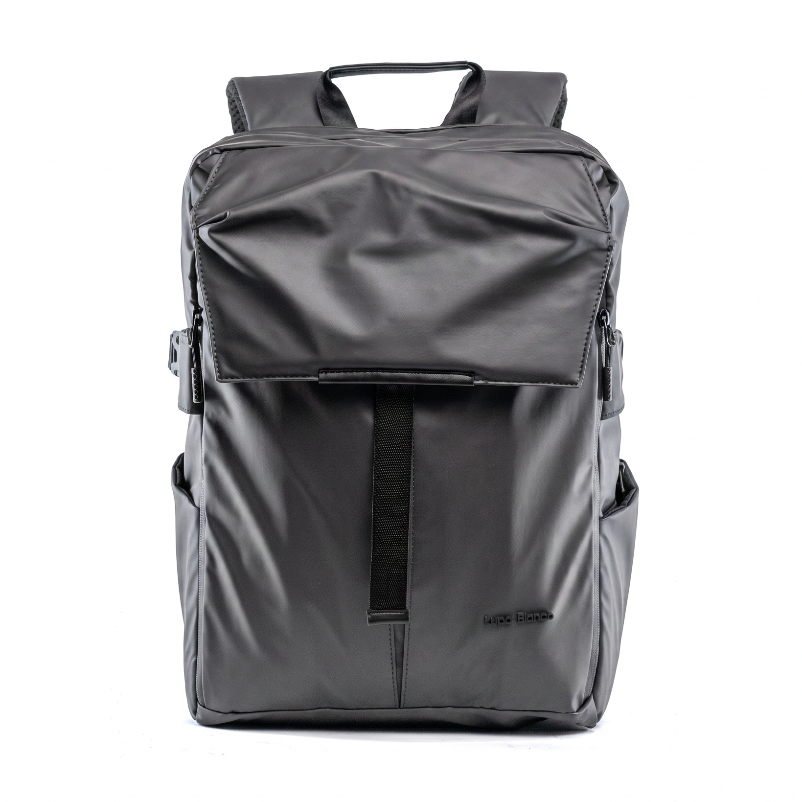 A dark gray waterproof backpack with a front flap pocket, top handle, and side pockets, shown against a plain white background.