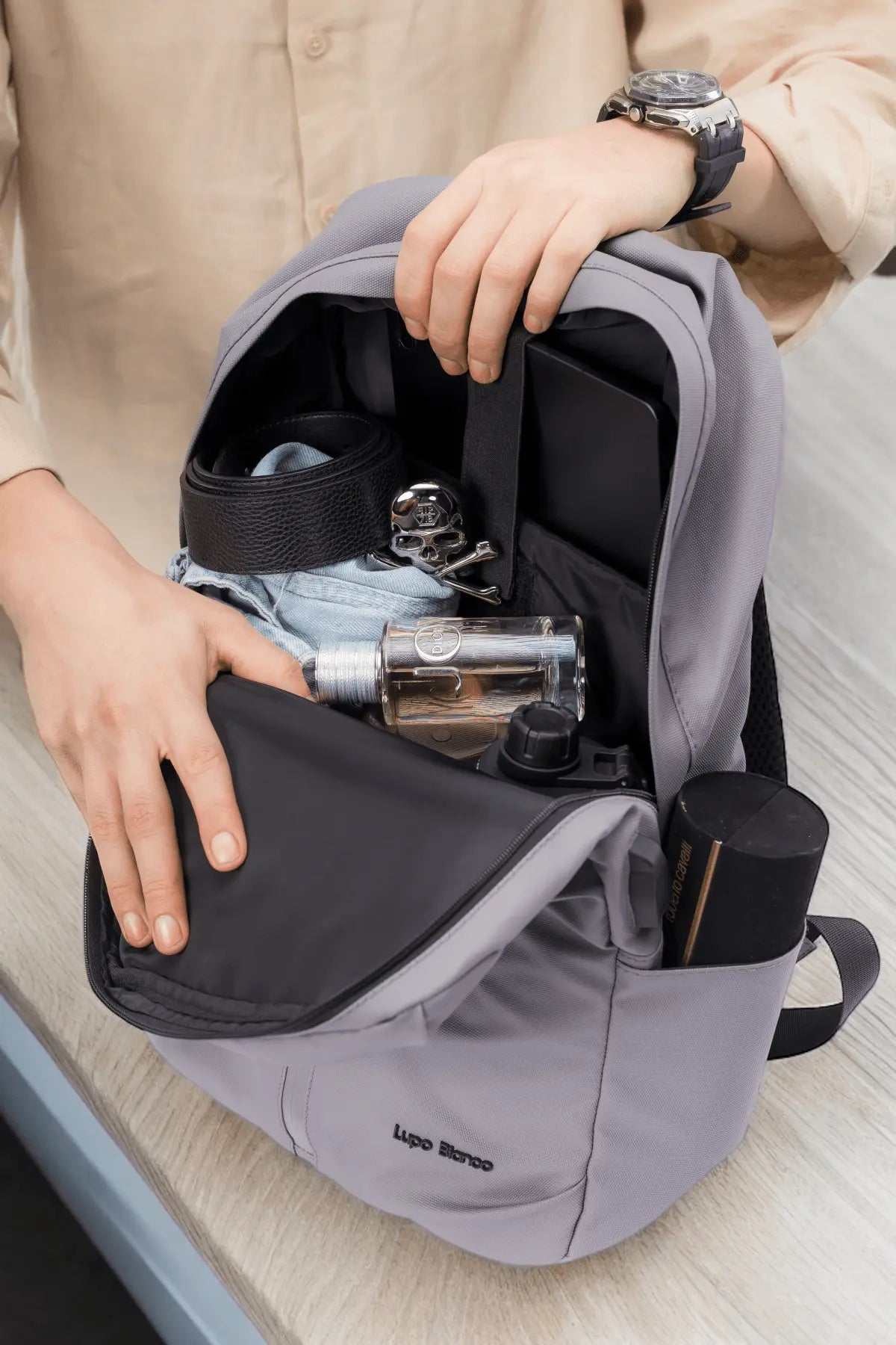 Lupo bianco Midnight Backpack – premium waterproof smart leather backpack with USB charging port, 5 pockets, reflective silver accent, and 20.9L capacity | top backpack brand in Egypt
