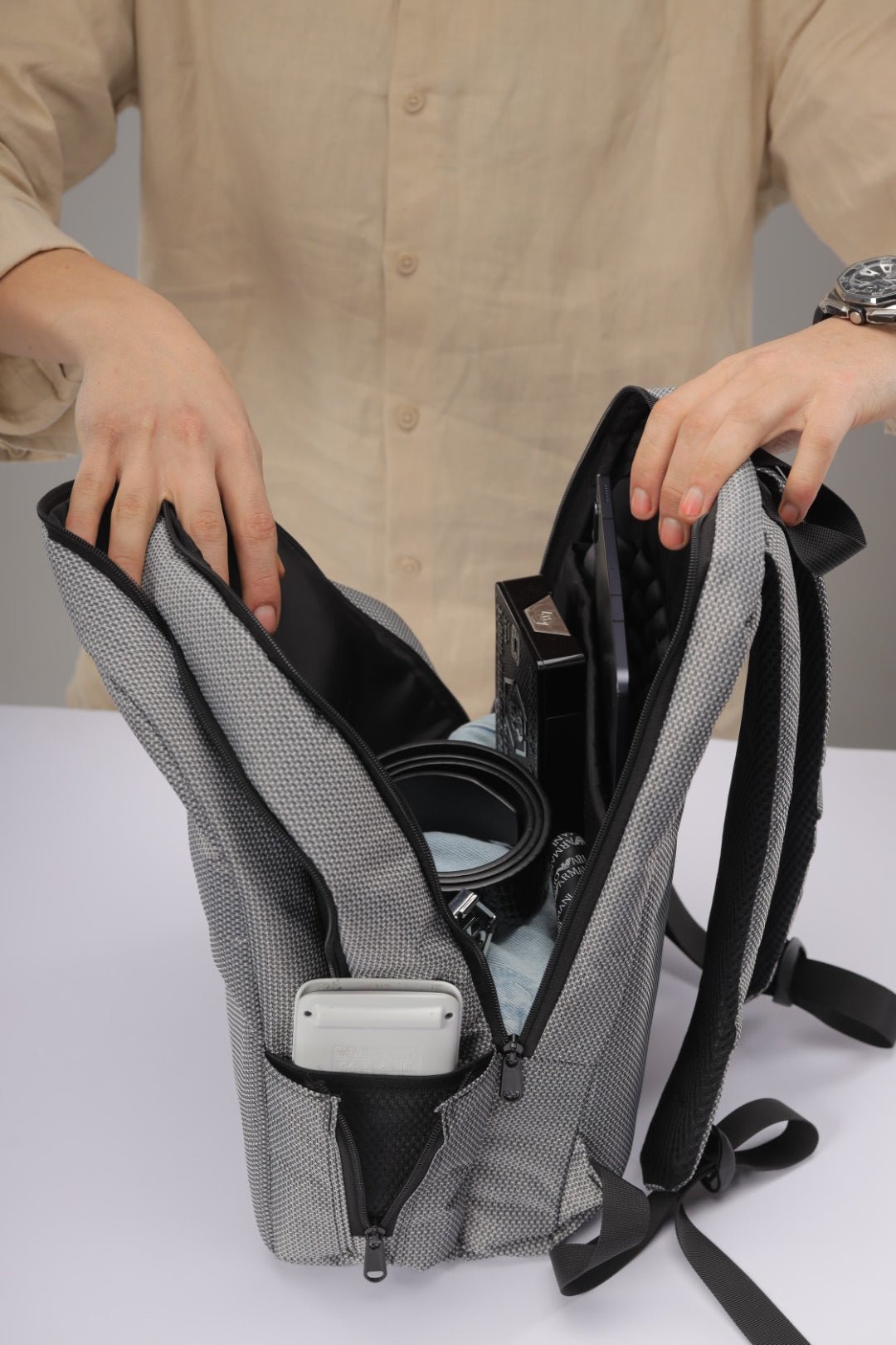 Lupo bianco MiniLupo Backpack – elegant checkered laptop backpack Egypt with water-resistant linen, bubble-foam padded pocket, and 12.85L capacity | top backpack brand in Egypt