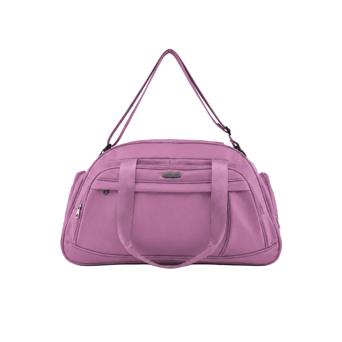 A dusty purple nylon duffel bag with dual top handles, a shoulder strap, and zippered side pockets, shown against a plain white background.
