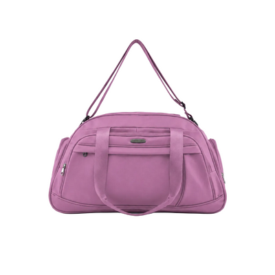 A dusty purple nylon duffel bag with dual top handles, a shoulder strap, and zippered side pockets, shown against a plain white background.