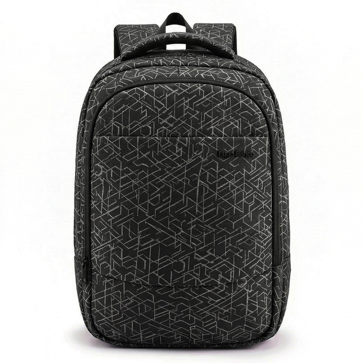 Black geometric patterned backpack on a white background