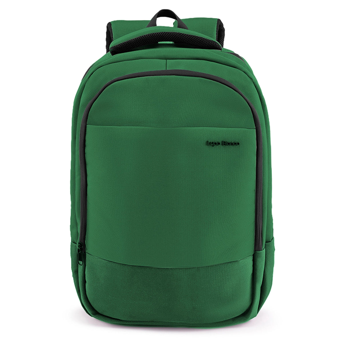 Green backpack with black accents on a white background