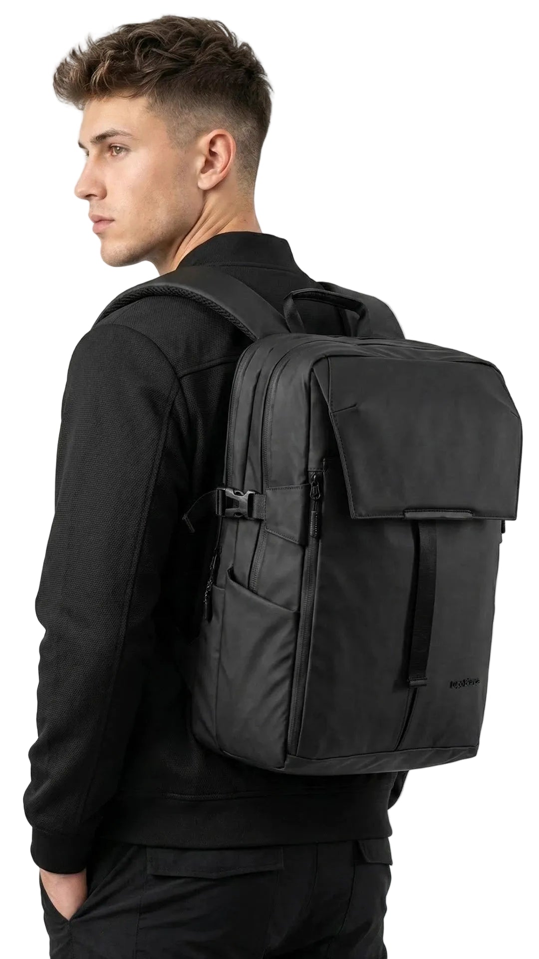 Man wearing a black backpack on a white background