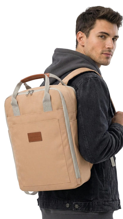 Man wearing a beige backpack on a white background