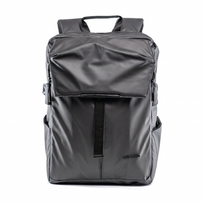 A dark gray waterproof backpack with a front flap pocket, top handle, and side pockets, shown against a plain white background.